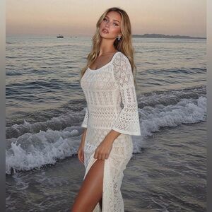 White crochet dress maxi dress crochet swim dress mid sleeve long dress boho